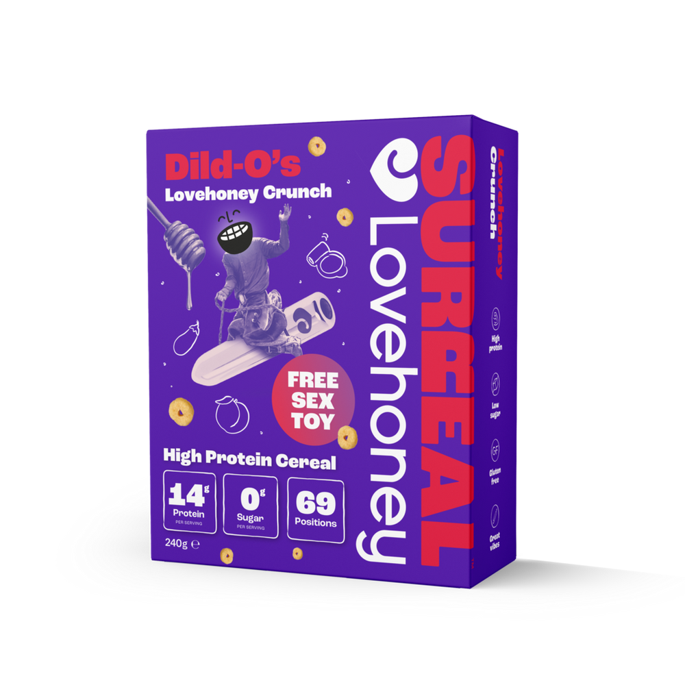 A close-up of a box of Surreal's Lovehoney Crunch Dild-O's cereal.